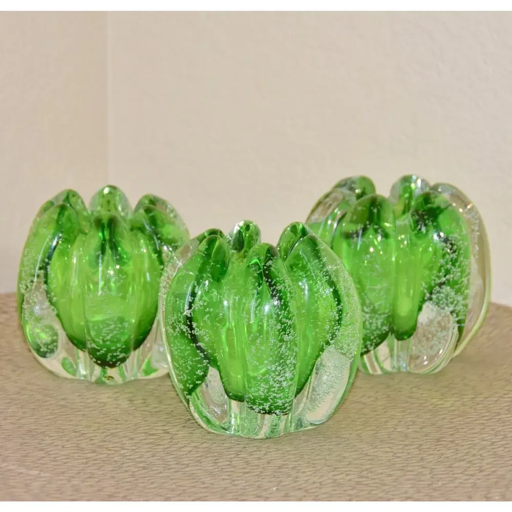 Tozai Hand Blown Murano Bubbles Green Glass Orb Vases - Set of 4
